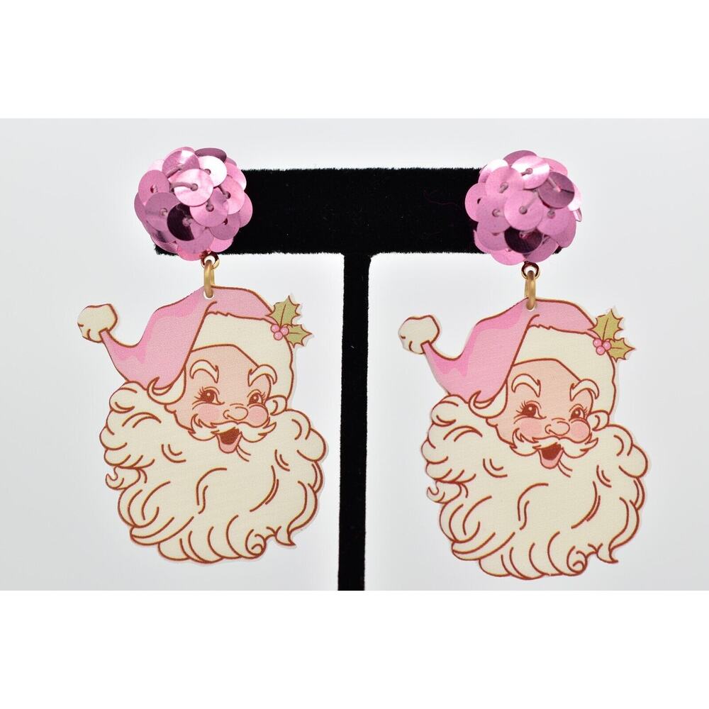 Mary Kathryn Pink Santa Claus Earrings St. Nick Sequin Christmas Holiday Bin7